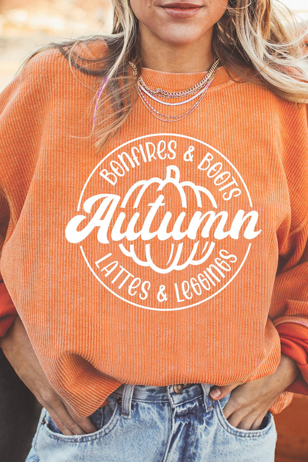 Orange Pumpkin Graphic Print Corded Oversized Sweatshirt 317d132921e58855
