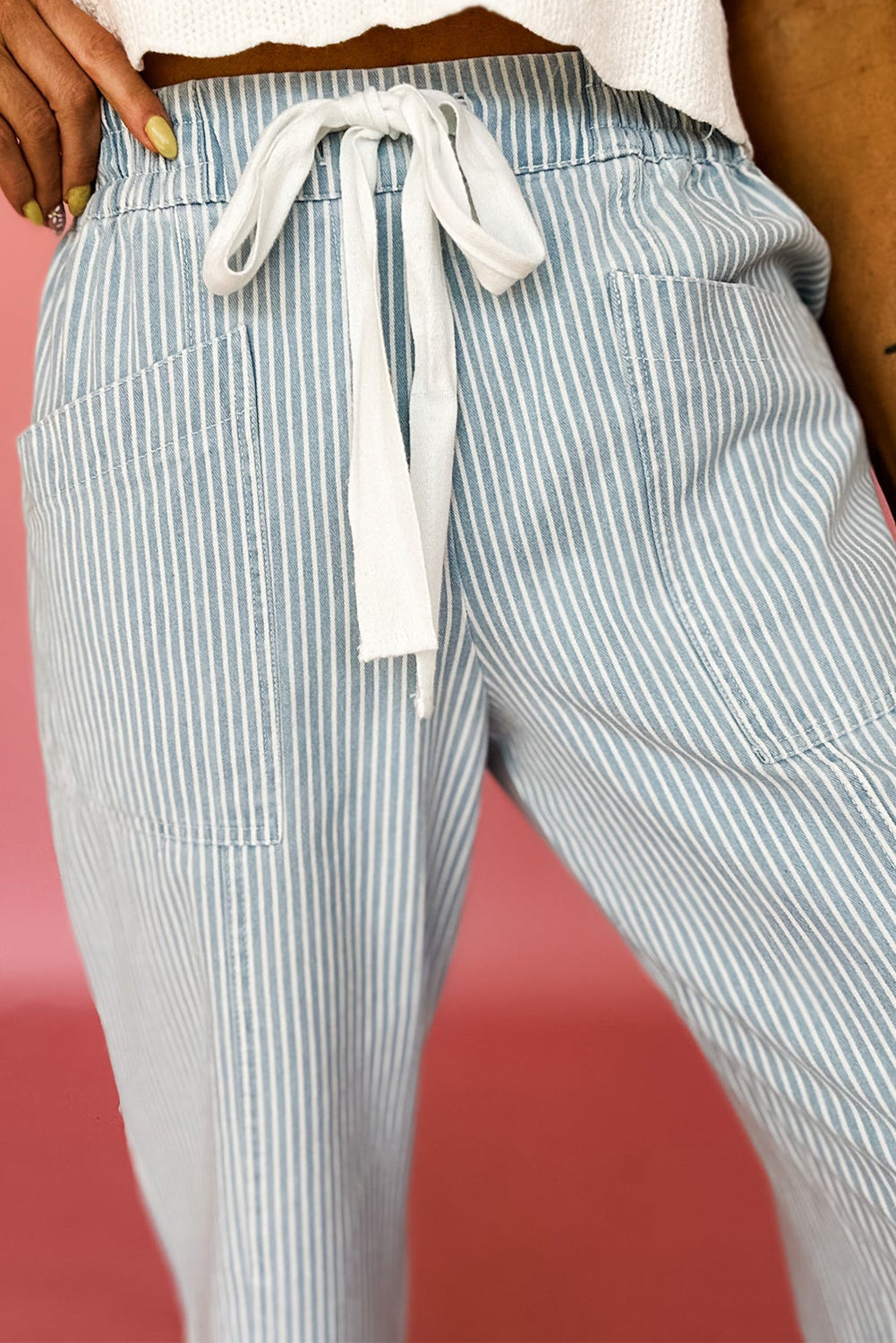 Sky Blue Striped Mid Rise Drawstring Waist Jeans 317edaac83c0b0e5
