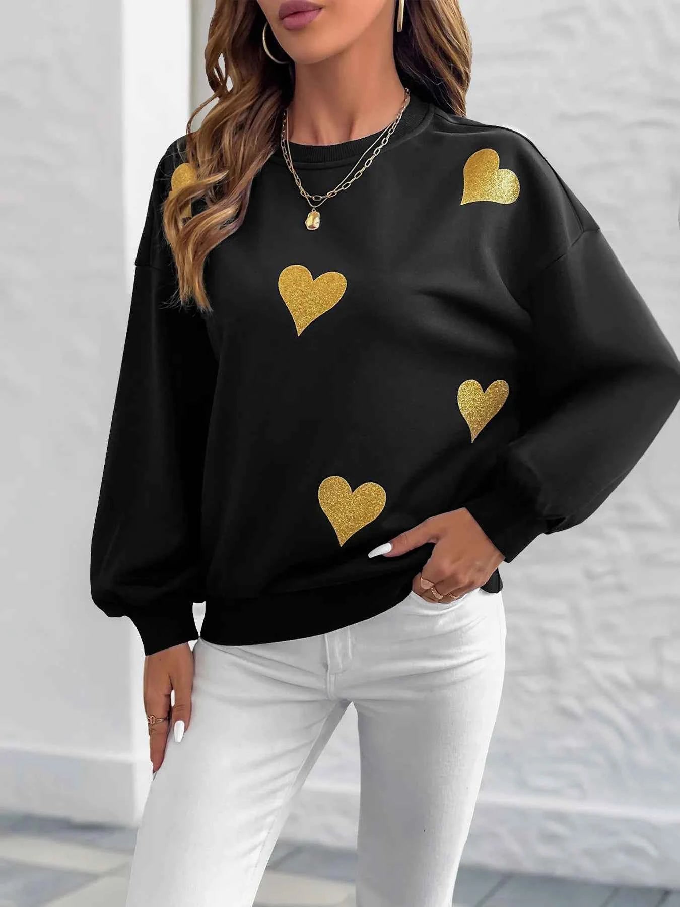 Heart Print Long Sleeve Sweatshirt Black 31806acad4554b8baafffb12b19df0af-Max-Origin