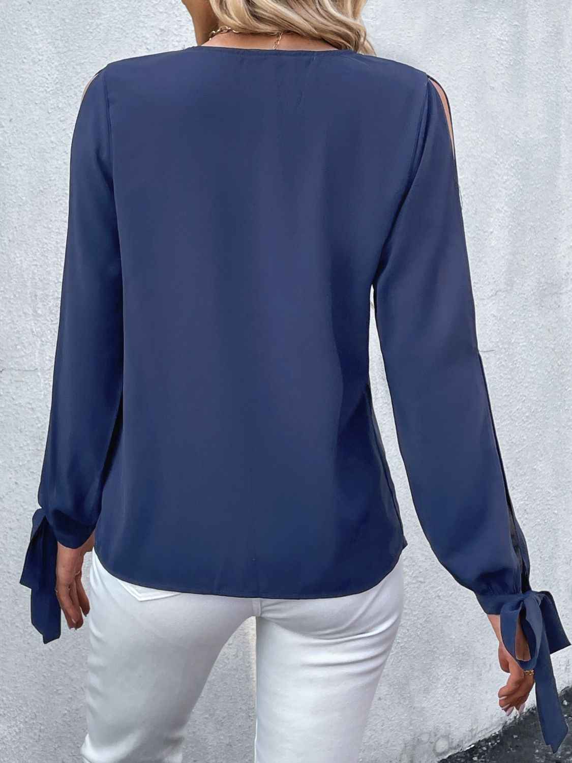 Perfee V-Neck Tie Cuff Slit Blouse 318537cc457a409f8370b08145a8b1ae-Max