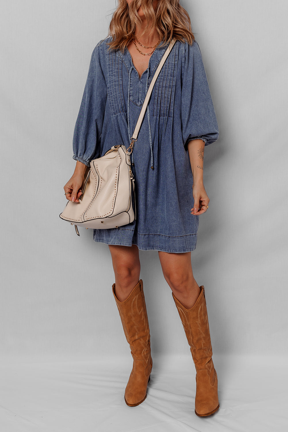 Sail Blue Pleated V Neck 3/4 Sleeve Denim Mini Dress 31855d89667a5473