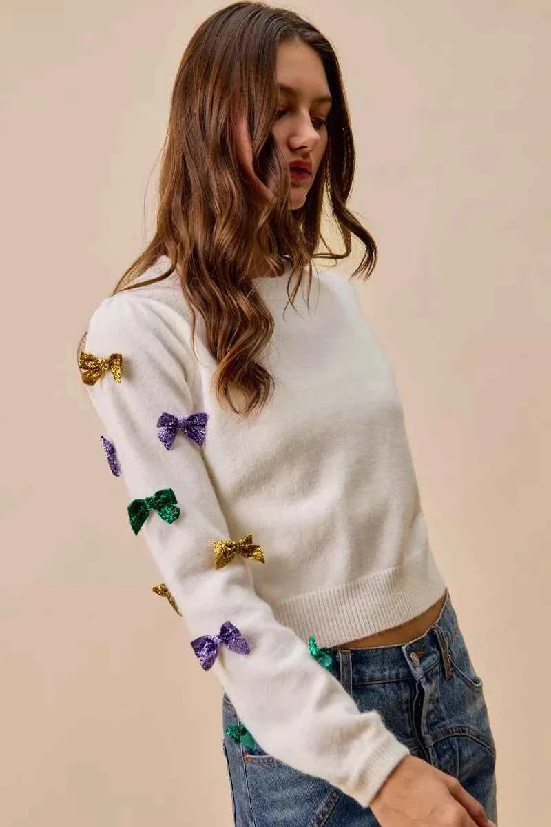 SO ME Mardi Gras Glitter Bow Ribbon Sweater Knit Top 3187876cb1d44d71b0558c89b337b7a3-Max-Origin