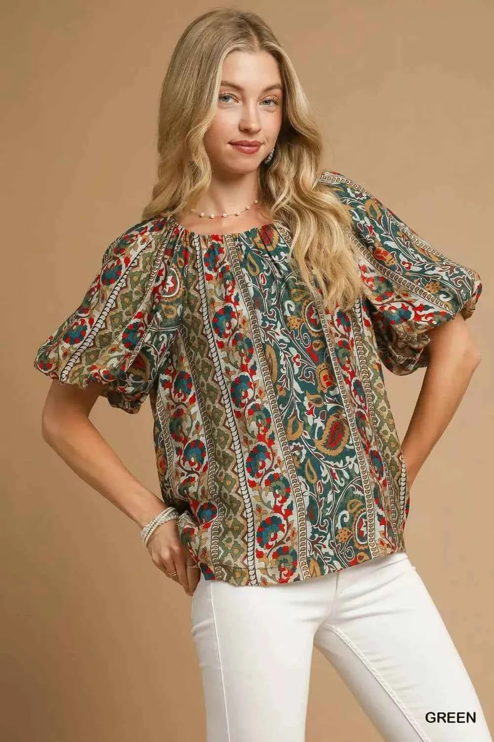 Umgee Boho Floral Stripe Puff Sleeve Blouse Green 318bb2bf-890e-4529-97af-2dfa4032d7c7-Max-Origin