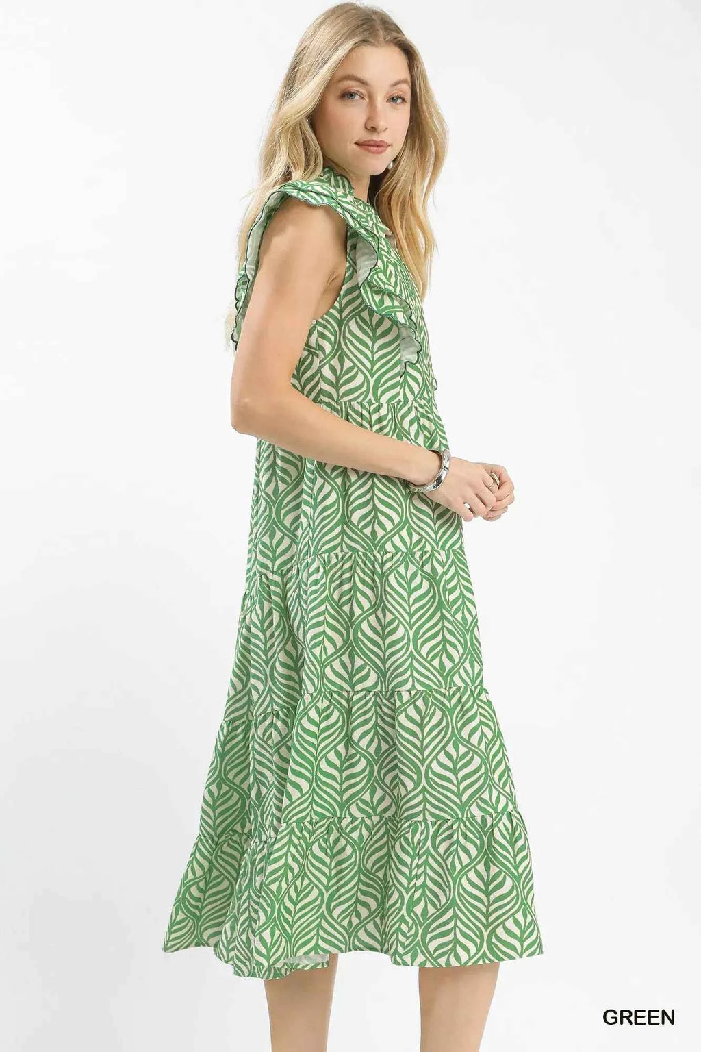 Umgee Leaf Print Tiered Midi Dress with Ruffle Detail 318e3882-bfe1-4050-817e-3095a85816a1-Max-Origin