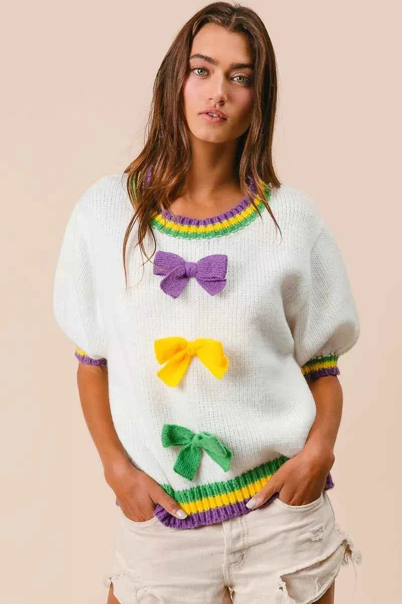 BiBi Short Puff Sleeve Ribbon Bow Mardi Gras Sweater 3190036b5a144d99b332564b1f2962b6-Max-Origin