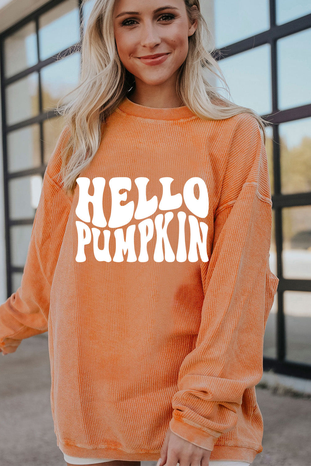 Orange HELLO PUMPKIN Letter Graphic Corded Sweatshirt 3192595d80971c46