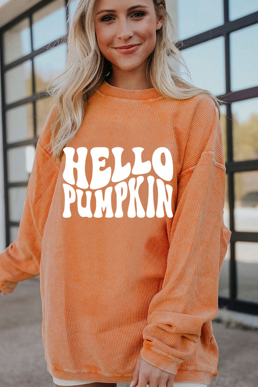 Orange HELLO PUMPKIN Letter Graphic Corded Sweatshirt 3192595d80971c46