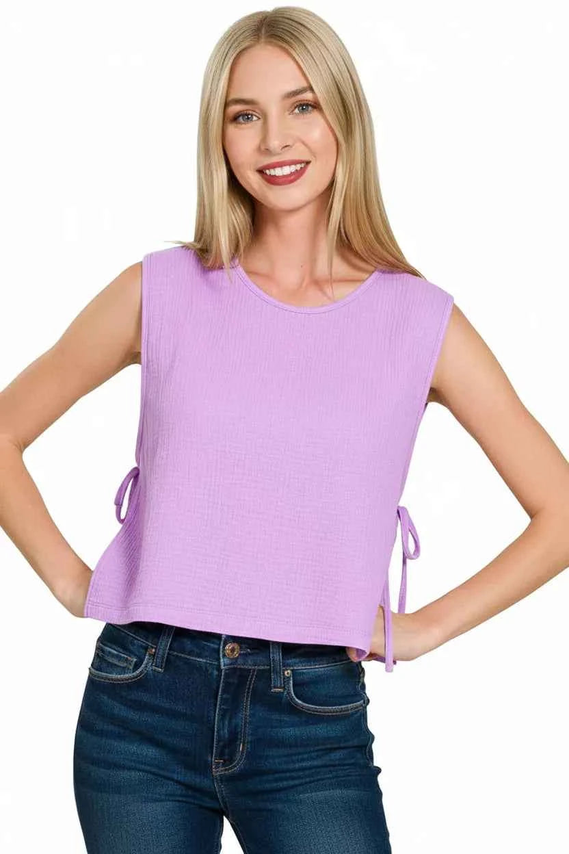 Zenana Double Gauze Side Tie Sleeveless Top 3195d339-715c-4a1e-ae78-8d9a163b54bf-Max-Origin