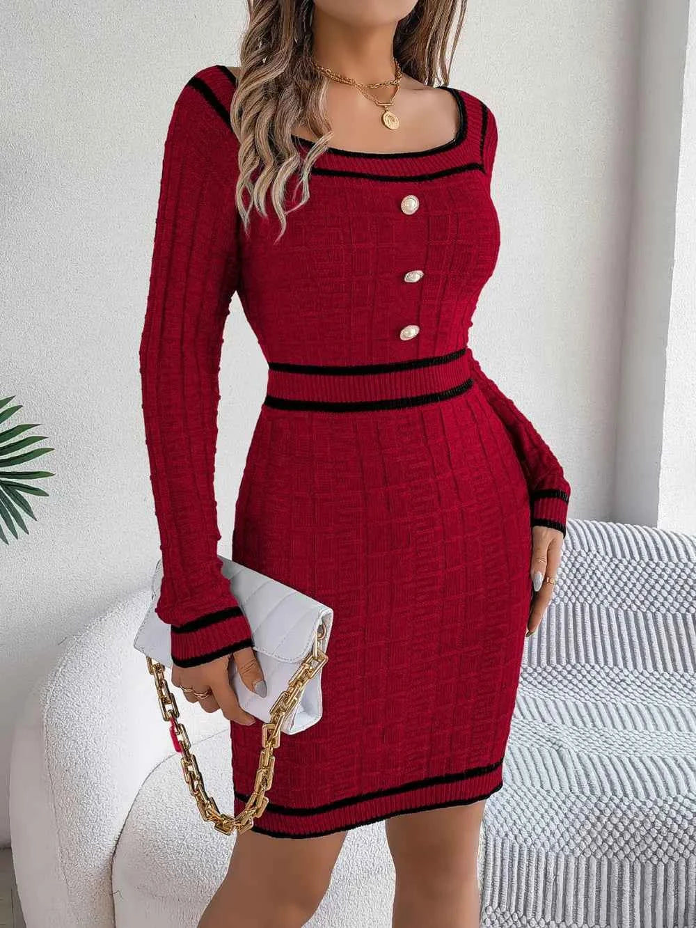 Contrast Trim Long Sleeve Sweater Dress Burgundy 3197ca15-eaf8-4a69-bf19-c8d837c6f806-Max