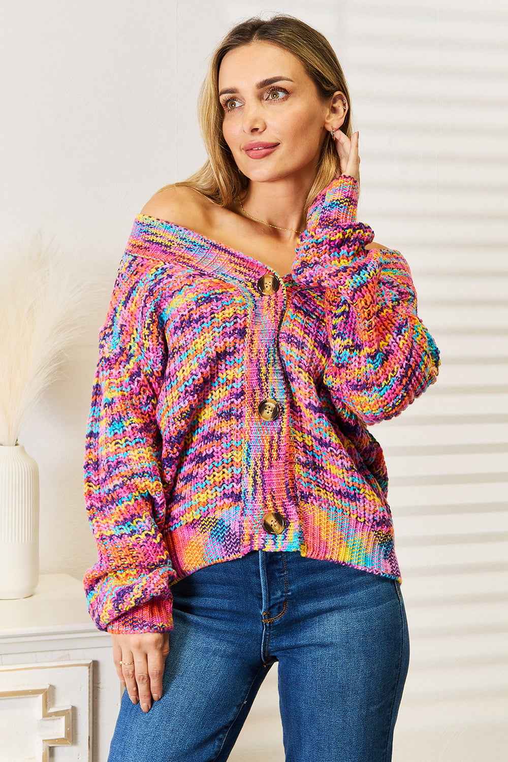Angel Wings Woven Right V-Neck Long Sleeve Cardigan Multicolor 319cee65451d47148d52421b60ffd538-Max