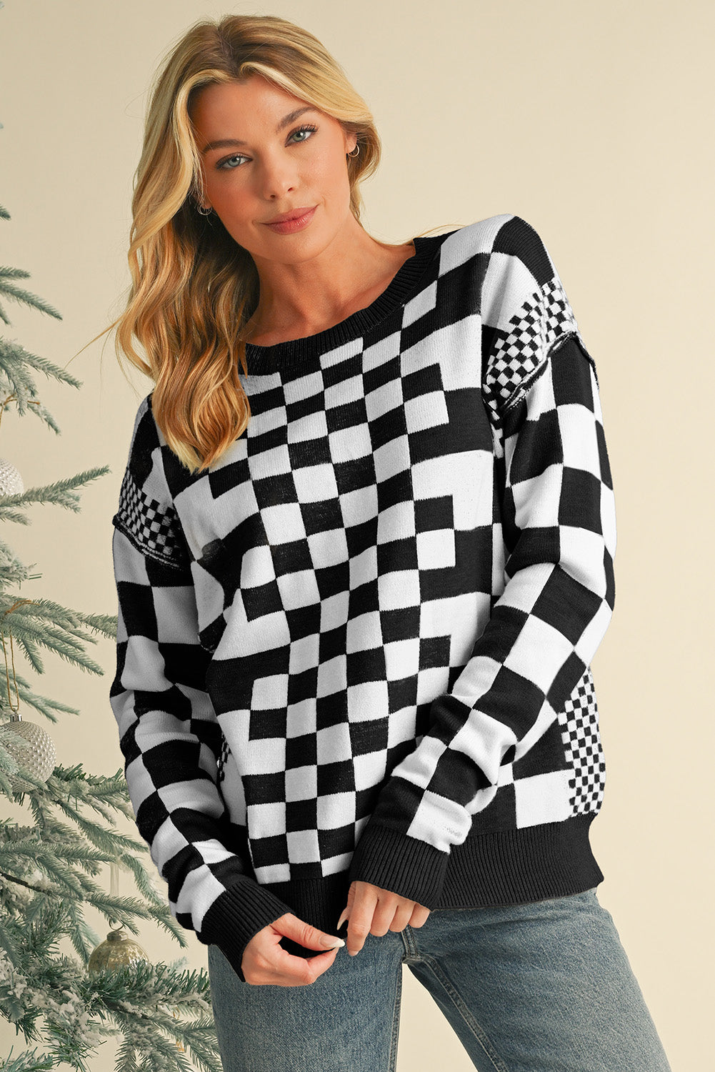Black Checkered Drop Shoulder Round Neck Sweater 319d77e4690dca19