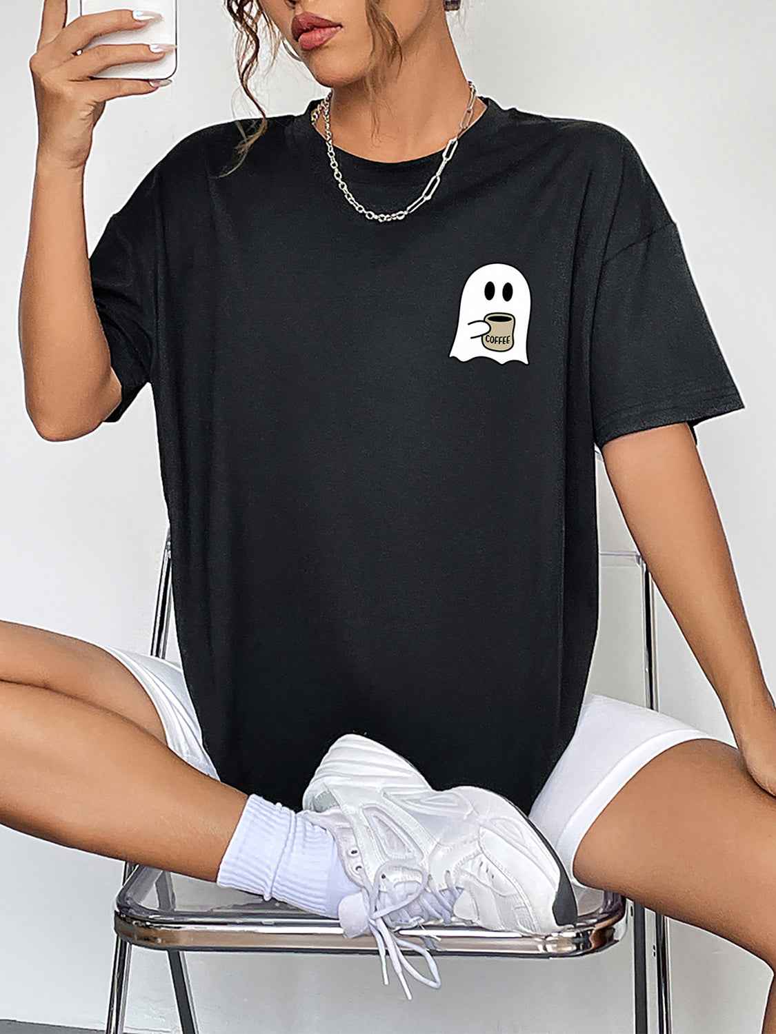 Round Neck Short Sleeve Ghost Graphic T-Shirt Black 319e42cf76204c118d35987ecfa7437c-Max