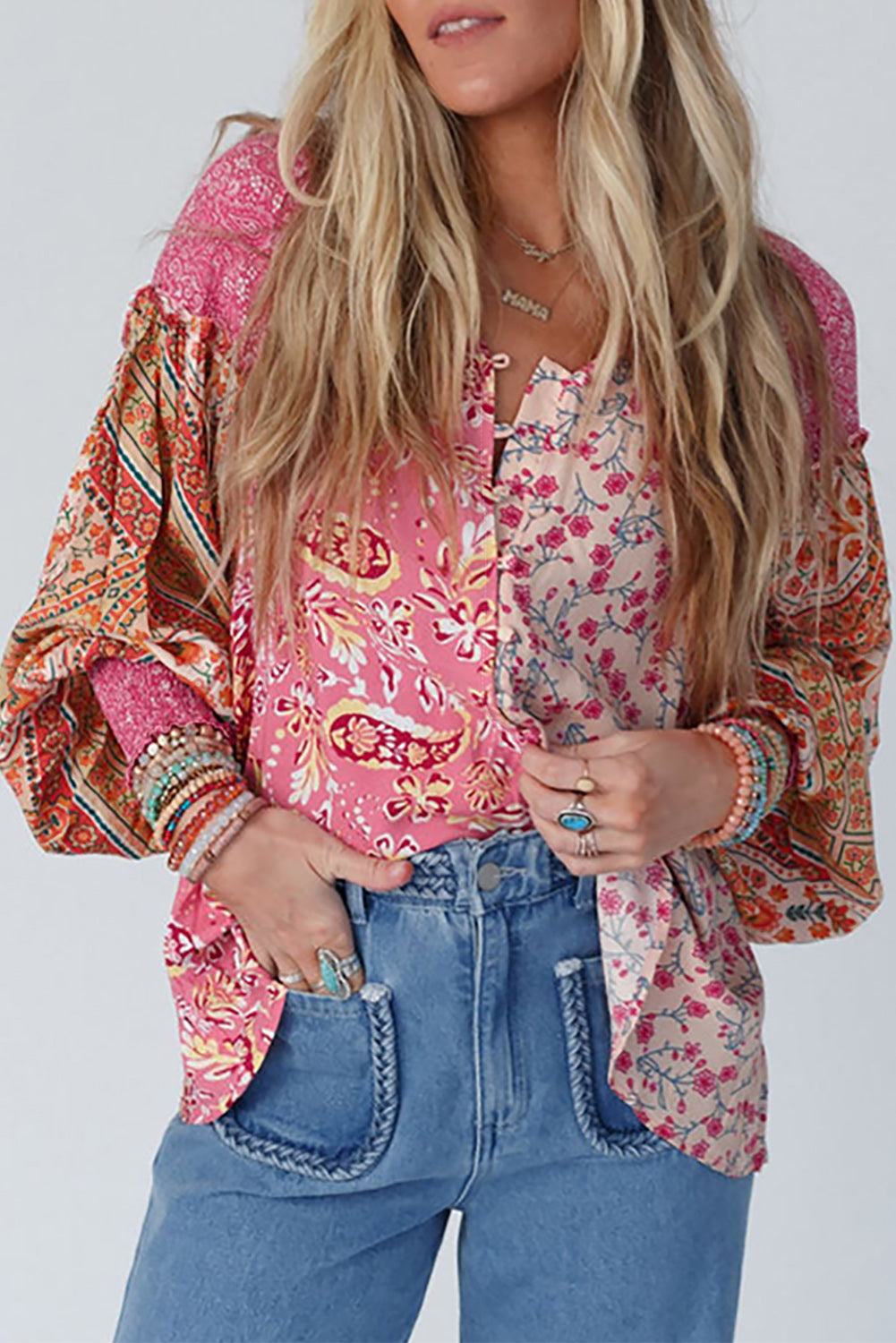 Pink Mixed Floral Printed Lantern Sleeve V-Neck Blouse Pink 100%Viscose 31a036b15ceb84aa