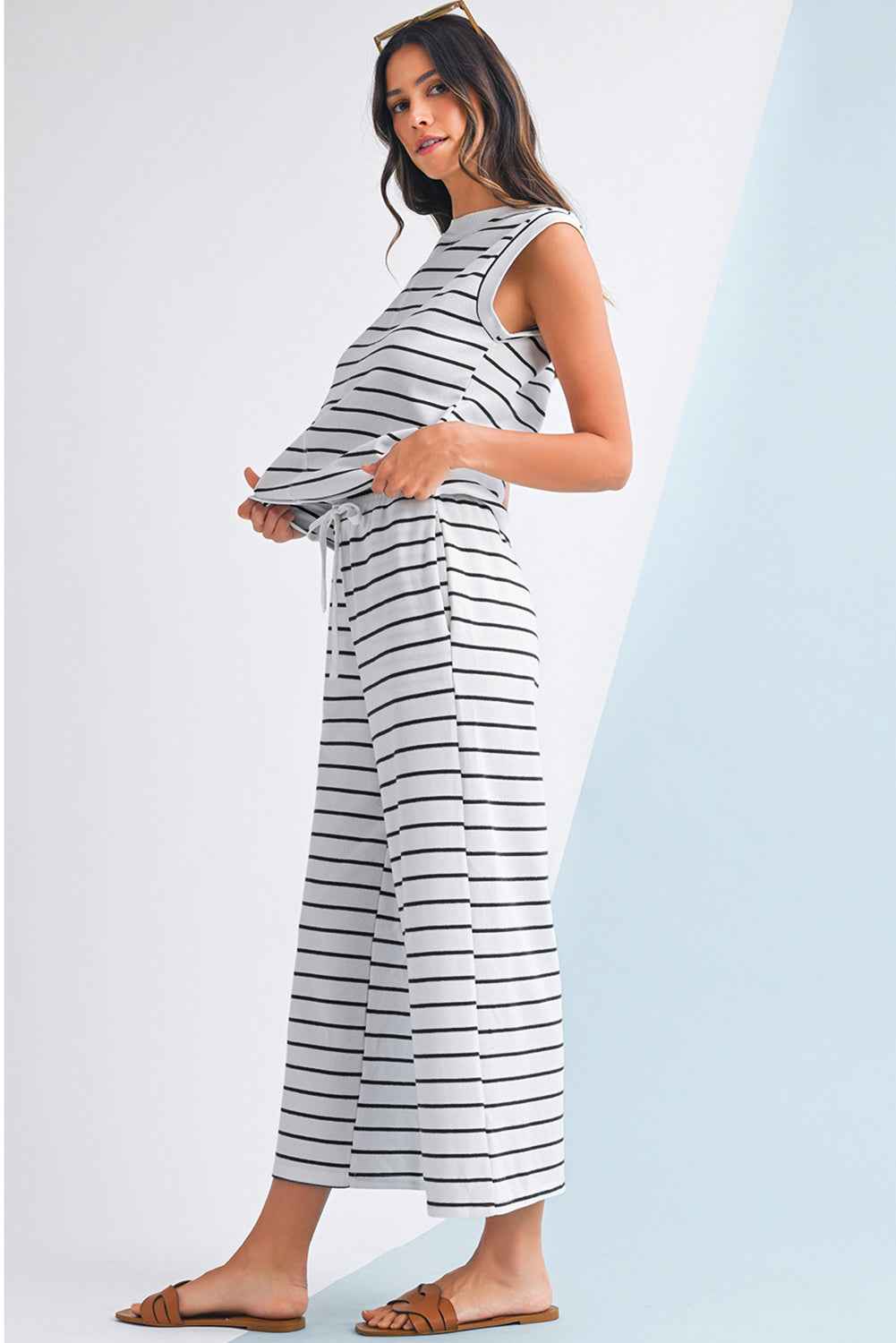 Sail Blue Casual Striped Tee and Wide Leg Pants Set 31a09c15995d302e