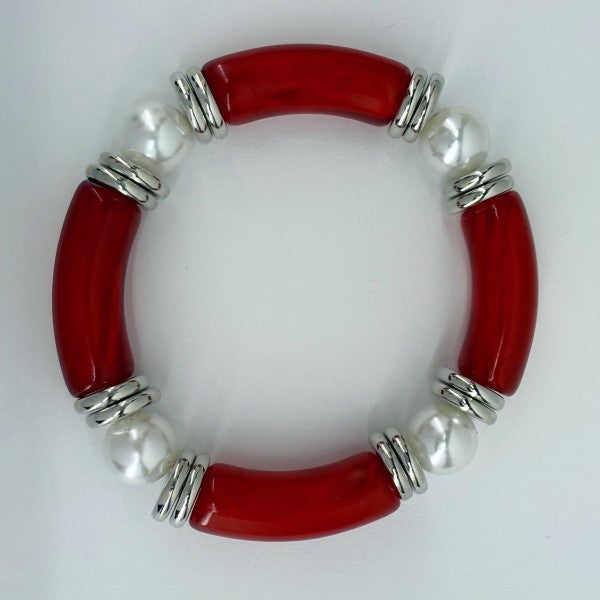 Two Tone Stretchy Bracelet with Pearls Red White One Size 31a389f5-88db-45ee-8be8-2e36a0356b2b