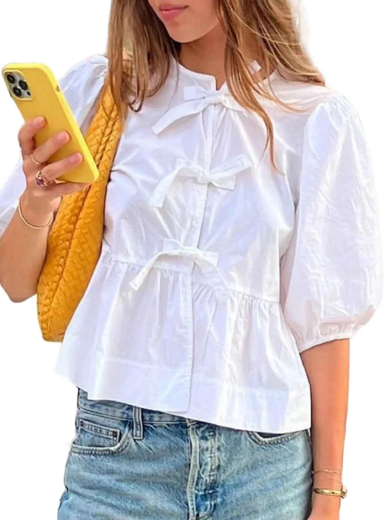 Puff Sleeve Bow Tie Blouse 31a4158a70f44ea5aab1979f8cde0ad0-Max-Origin