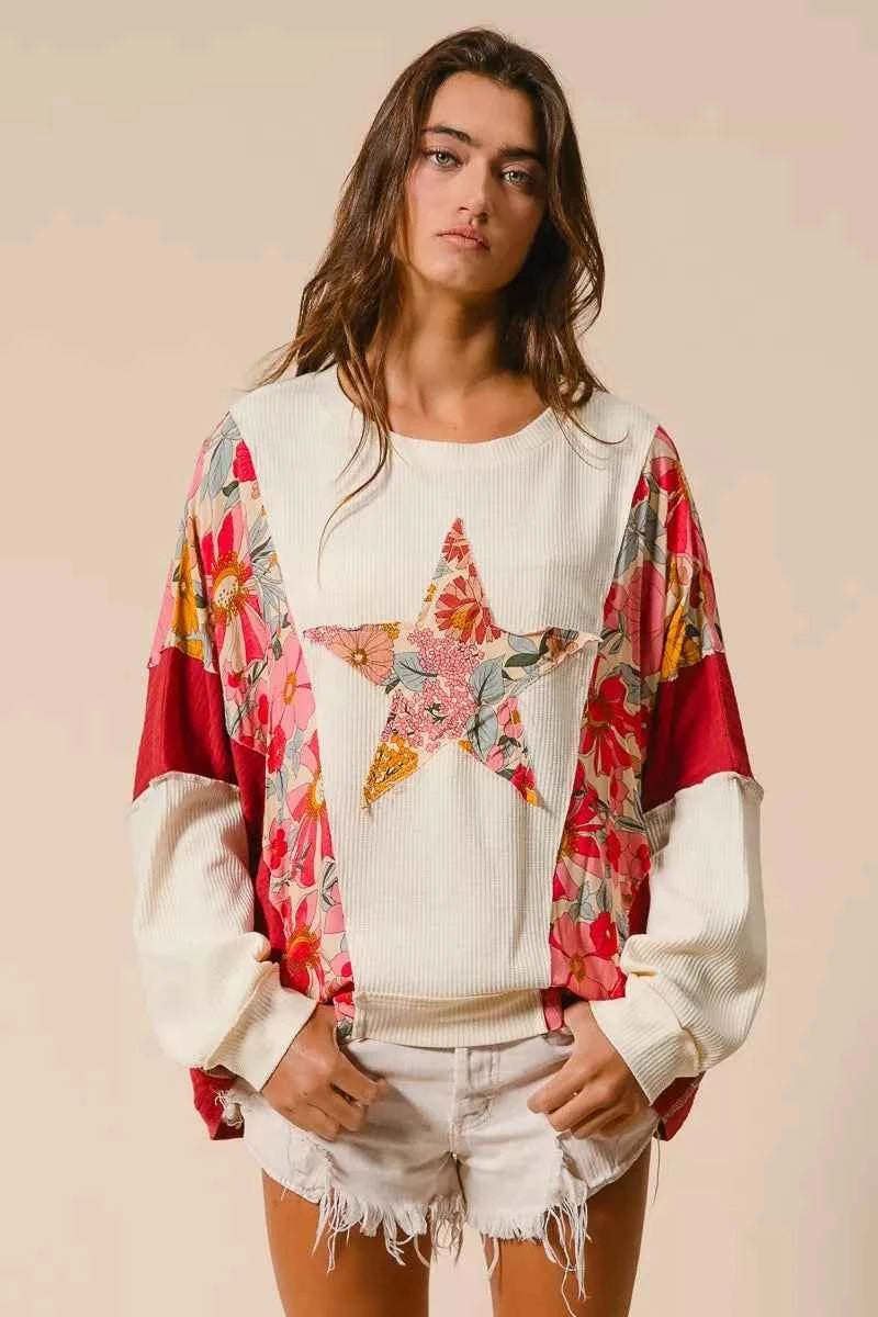 BiBi Floral Print Mixed Star Patch Round Neck Sweatshirt 31aad509495942fea79959e1c0d70cd5-Max-Origin