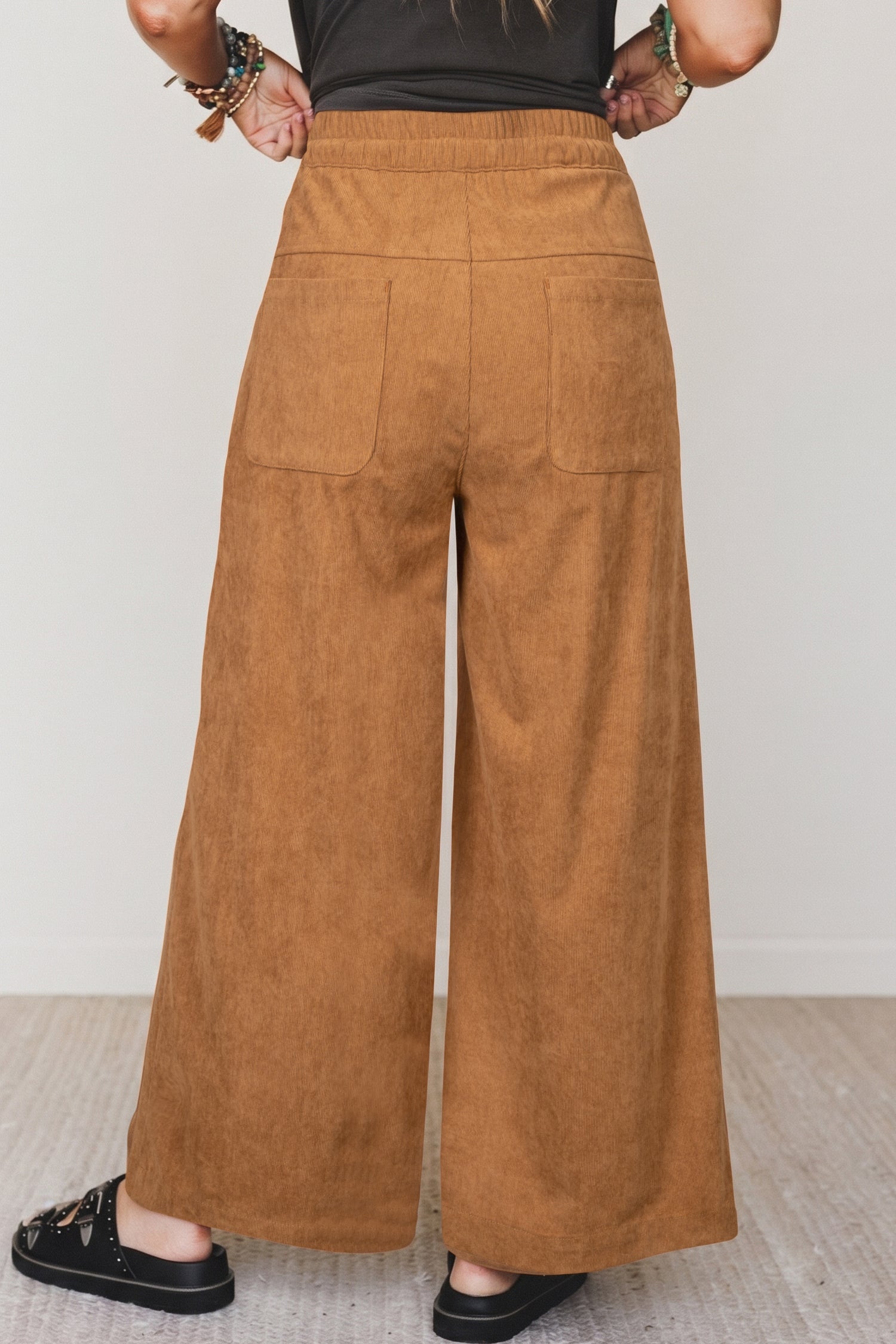 Thai Curry Elastic Waist Wooden Button Placket Ankle Length Wide Leg Pants 31ae8cceef1b4856