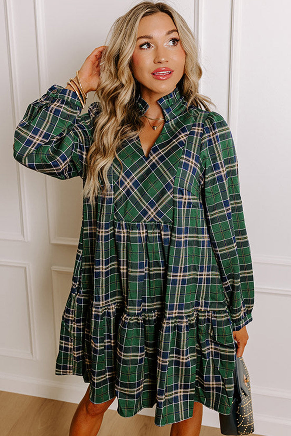 Green Plaid Print Frill Neck Long Sleeve Mini Dress 31b543deef2e0101