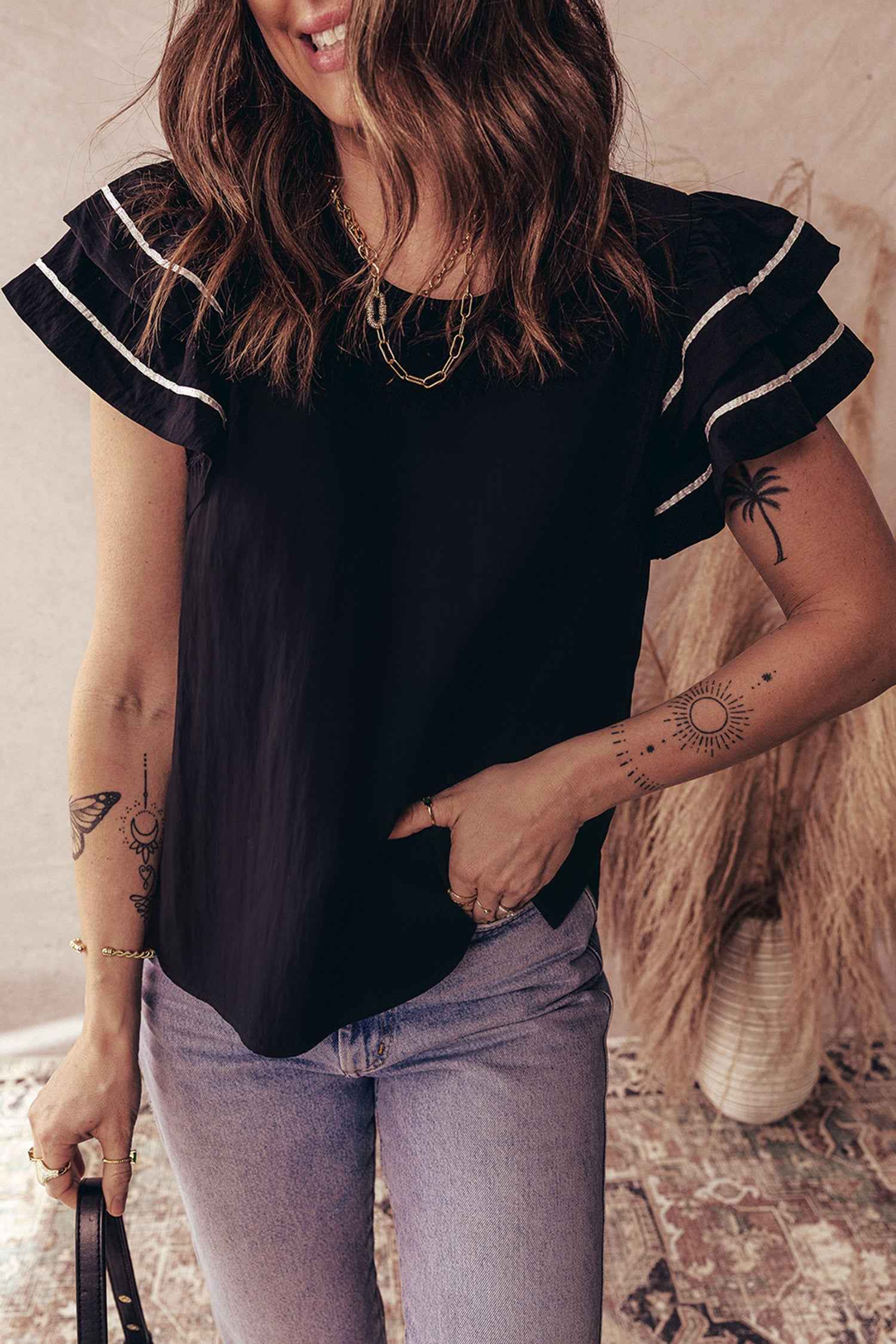 Black Contrast Trim Dual Ruffle Short Sleeve Textured Blouse 31b781e1dd4fd756