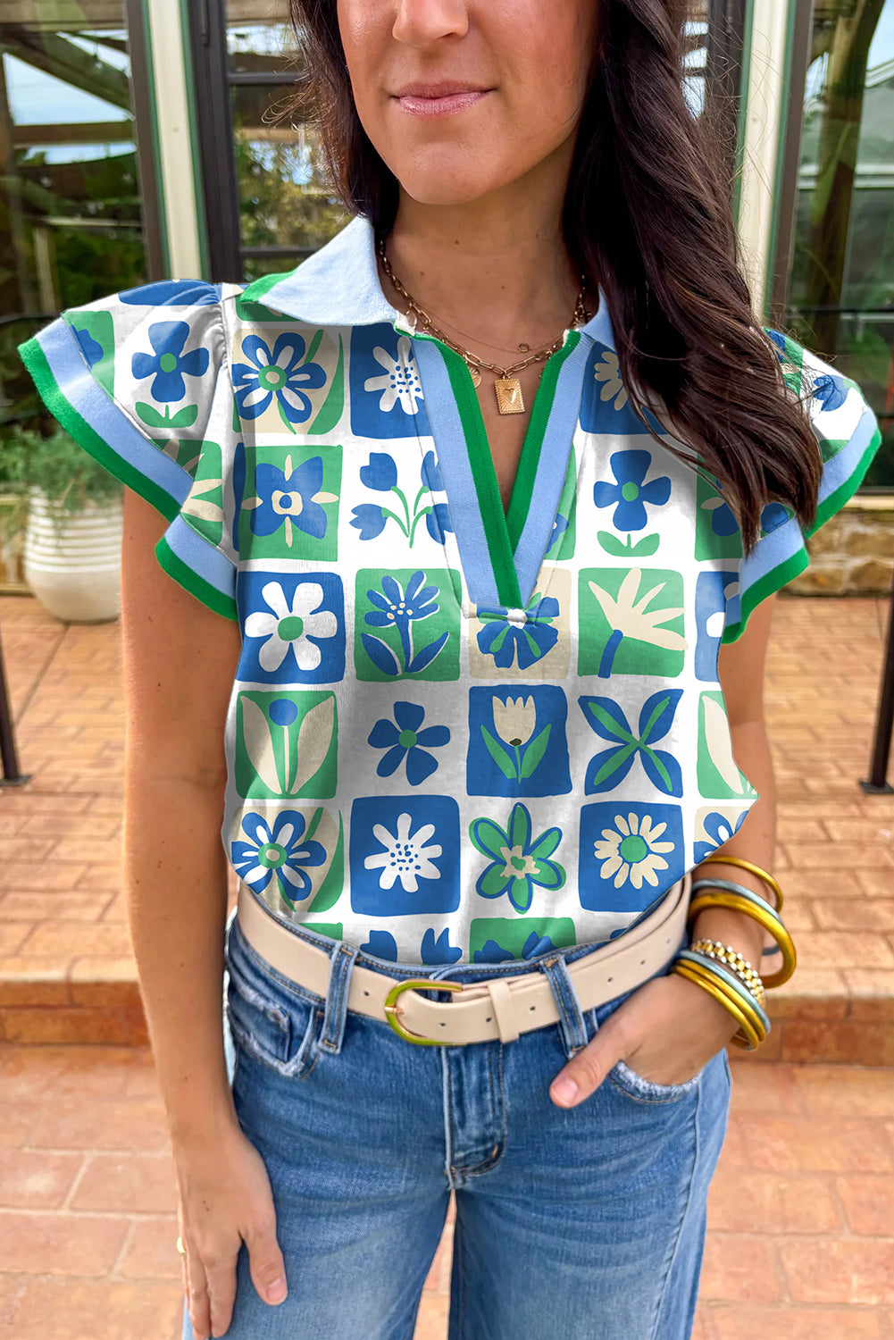 Green Floral Plaid Colorblock Flutter Sleeve Blouse Green 31bad0e0a21b7051