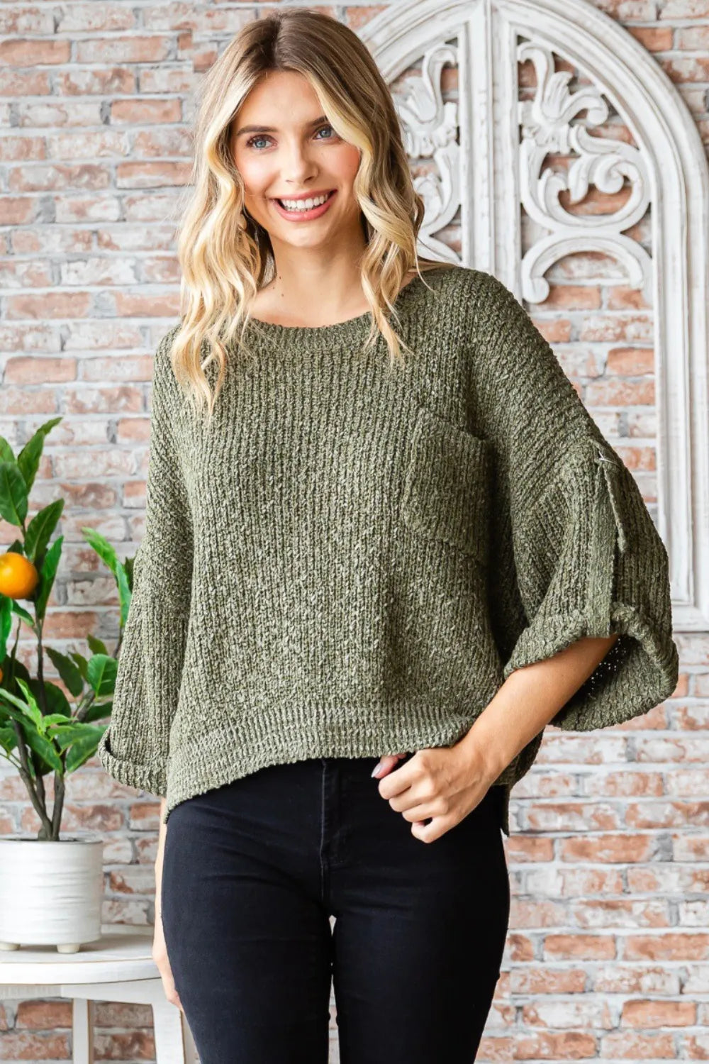 Veveret Round Neck Roll-Up Sweater OLIVE 31bd2d86-9d6b-420a-9d72-9c1cf4fe31e6-Max