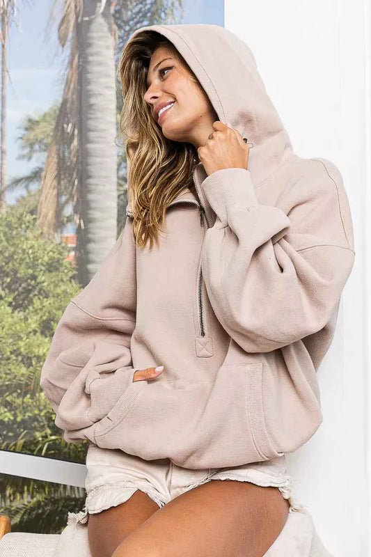 Stitch Detailed Elastic Hem Half Zip Fleece Hoodie 31c0d45c-922b-4a19-b097-8f429c9822d2-Max-Origin
