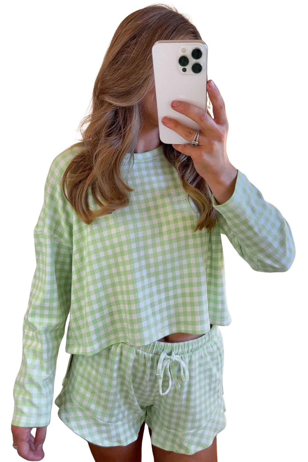 Green Gingham Long Sleeve Loose Top Drawstring Shorts 2pcs Lounge Set 31c136adb06acc08