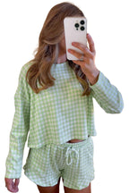 Green Gingham Long Sleeve Loose Top Drawstring Shorts 2pcs Lounge Set 31c136adb06acc08