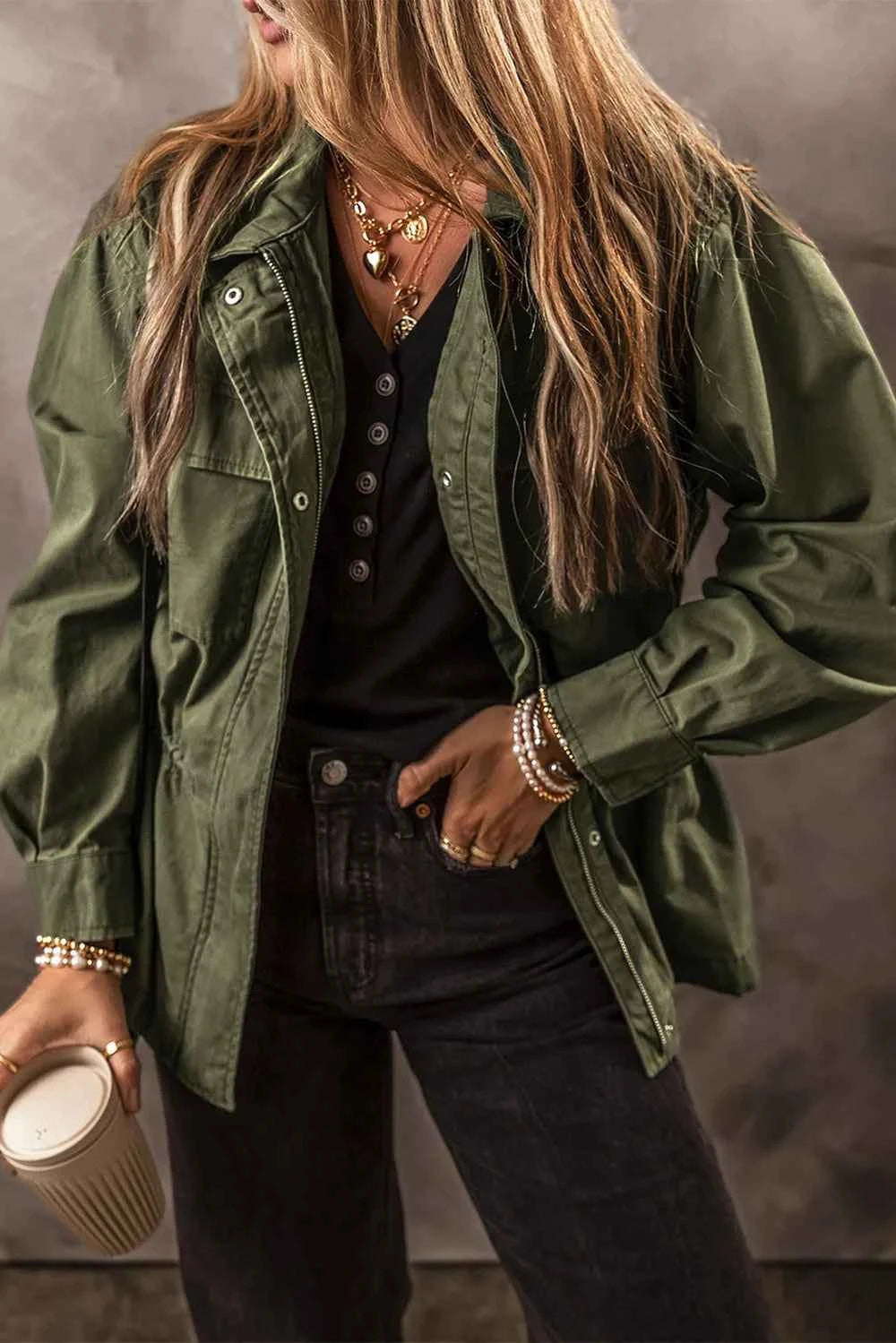 Zip Up Long Sleeve Jacket Army Green 31c1ed23-50de-4053-ac53-c360830b8aac-Max