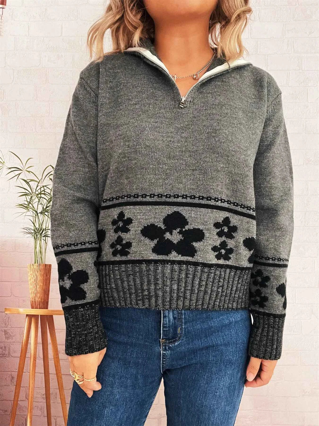 Flower Zip Collar Long Sleeve Sweater 31c7da4479054d2a9c4d4872e632fbb6-Max-Origin