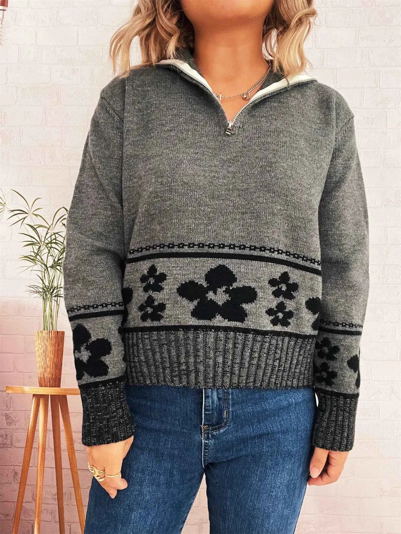 Flower Zip Collar Long Sleeve Sweater 31c7da4479054d2a9c4d4872e632fbb6-Max-Origin