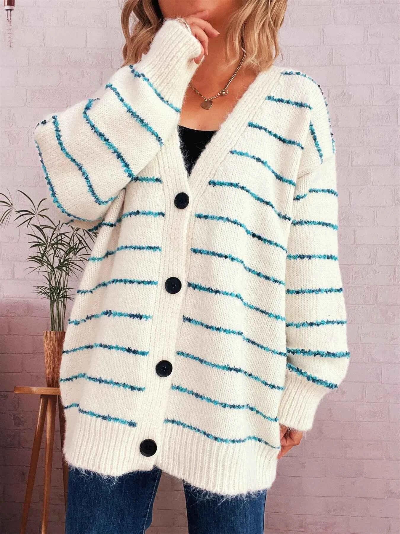 Striped Button-Up Cardigan with V-Neck Design 31c83e56c3444b77ad26a9965fa66277-Max-Origin
