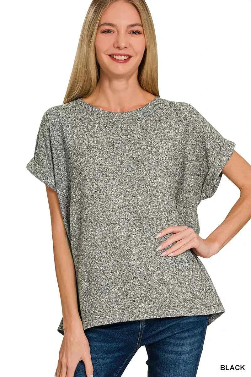 Zenana Soft Melange Hacci Short Sleeve Round Neck Top BLACK 31ca0d1e-5f34-4c20-8ea5-f6320cc0adaa-Max-Origin