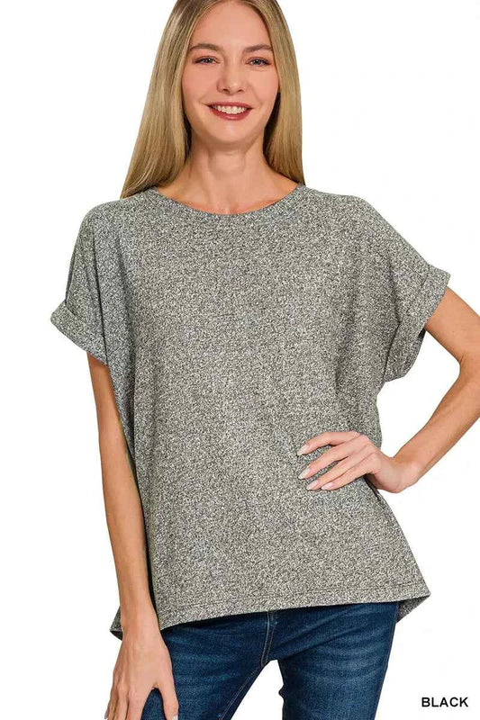 Zenana Soft Melange Hacci Short Sleeve Round Neck Top BLACK 31ca0d1e-5f34-4c20-8ea5-f6320cc0adaa-Max-Origin