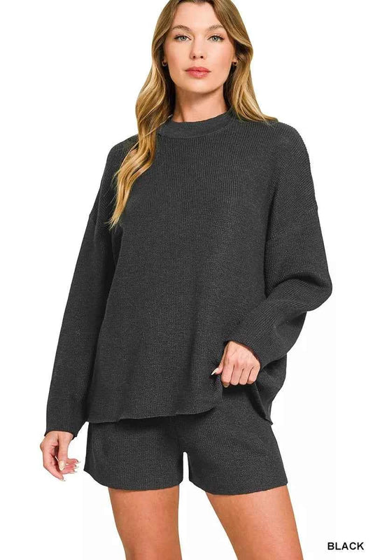 Zenana Round Neck Knit Top and Shorts Sweater Set BLACK 31cabbf1955e418b850a2f3965c57523-Max-Origin
