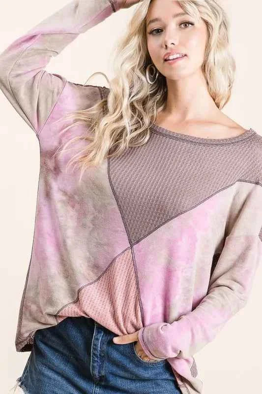 Thermal Waffle Color Block Top with Tie Dye TAUPE BLUSH 31cb2b6a89d240088682e9b35cccf173-Max-Origin