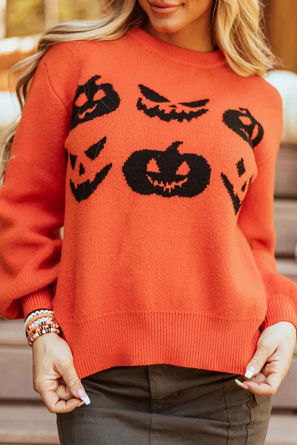 Pumpkin Pattern Round Neck Sweater Orange 31d2a13c-7978-4e6a-8dcc-598692b0f733-Max