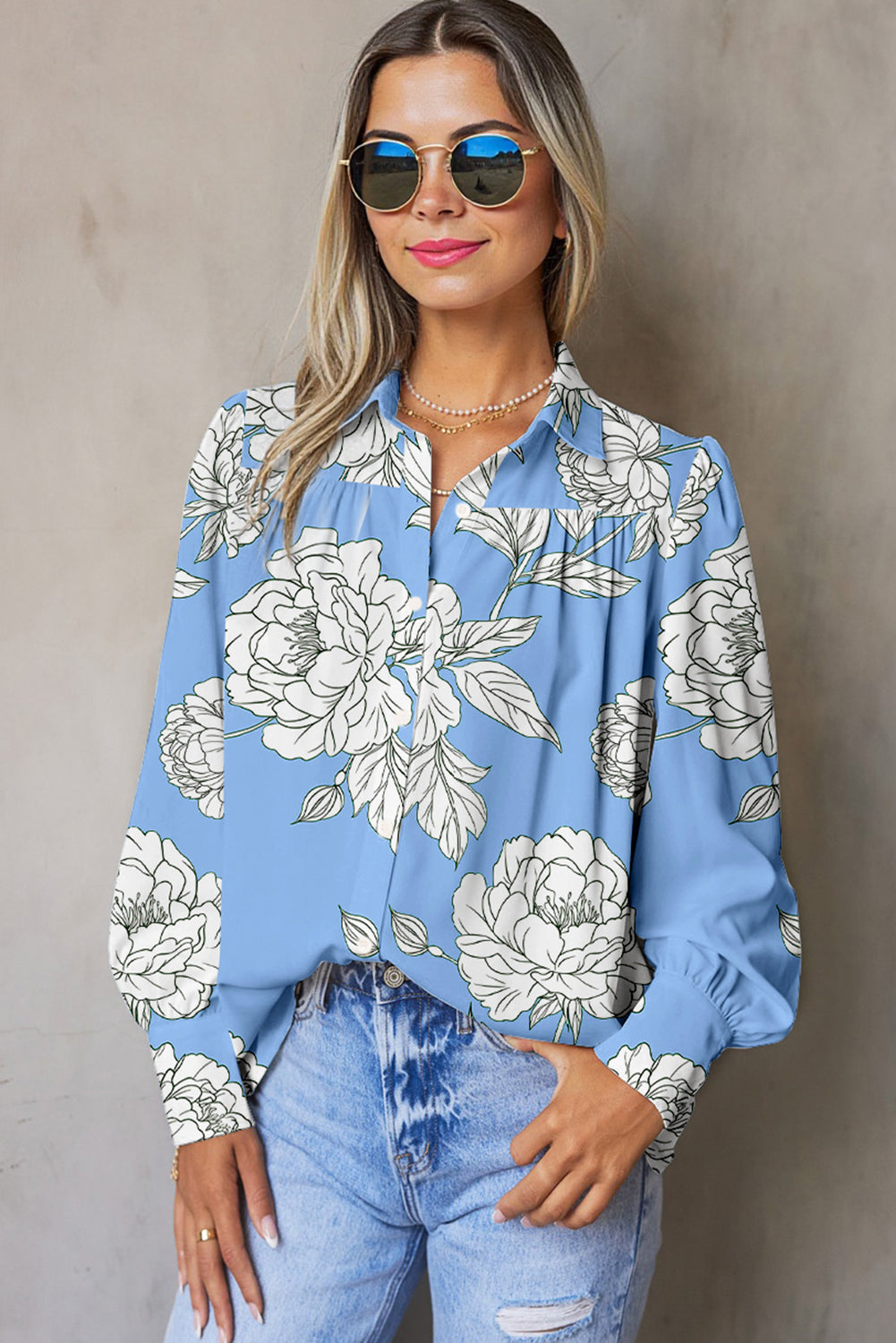 Sky Blue Floral Print Pleated Puff Sleeve Shirt 31d741c8df925d2a