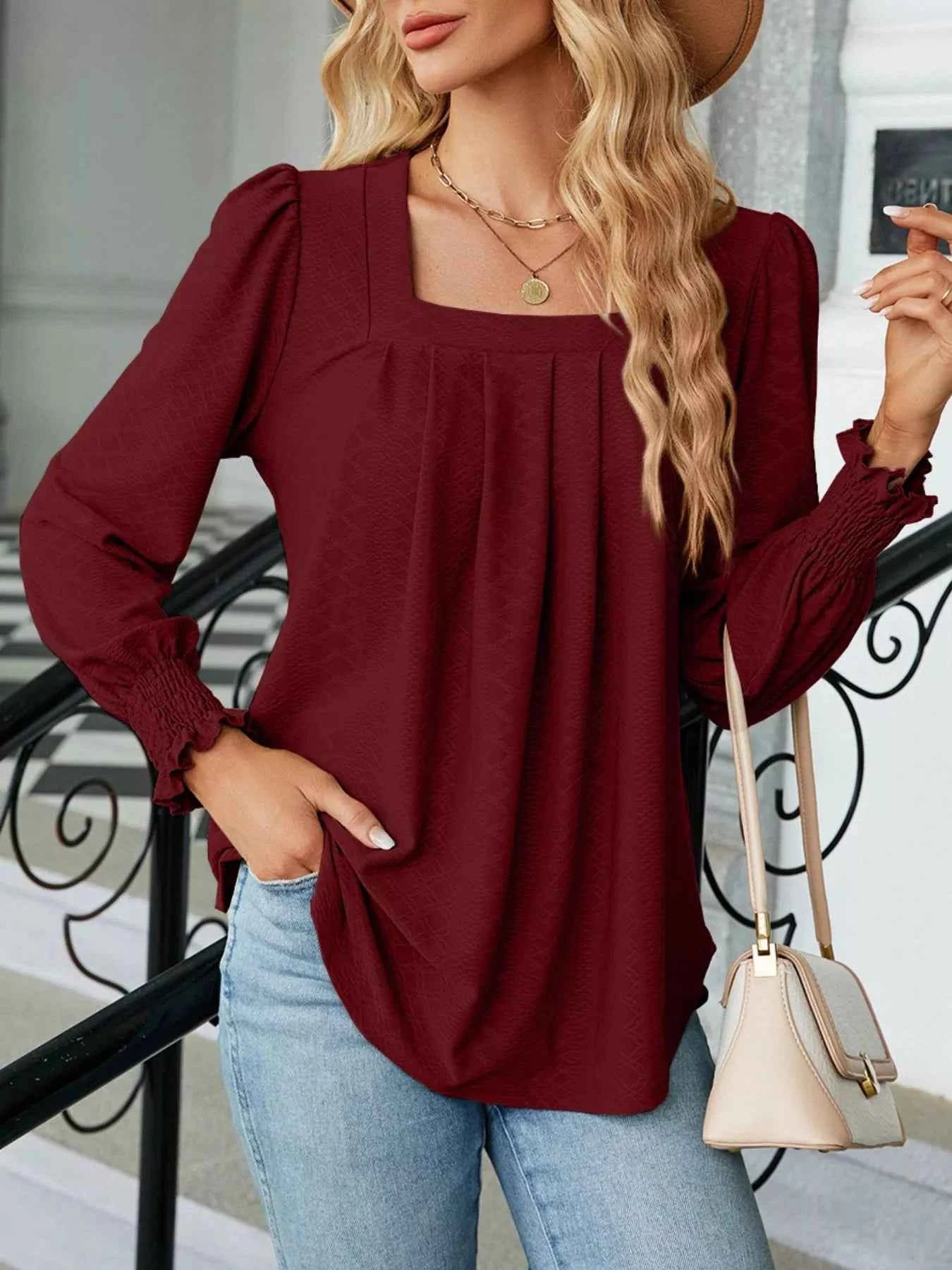 Pleated Square Neck Long Sleeve Top 31d8c83d-e80e-4033-bdd4-a1d4a836dde0-Max-Origin
