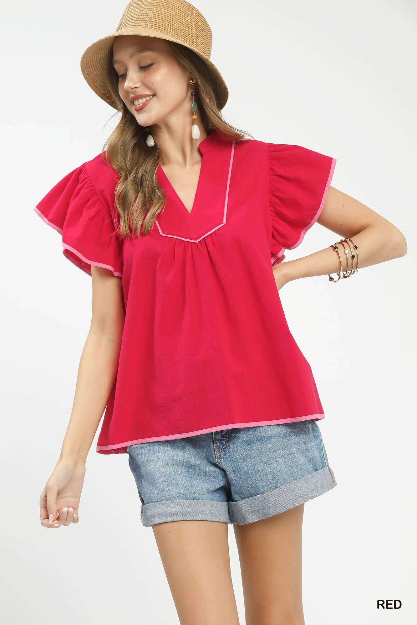 Umgee Contrast Trim Babydoll Blouse Red 31da94a4-bef5-46db-b053-62c72ab53ca9-Max