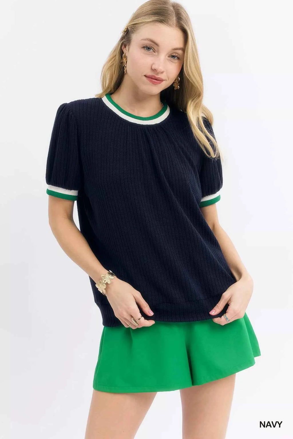 Umgee Puff Sleeve Knit Top with Contrast Rib Trim