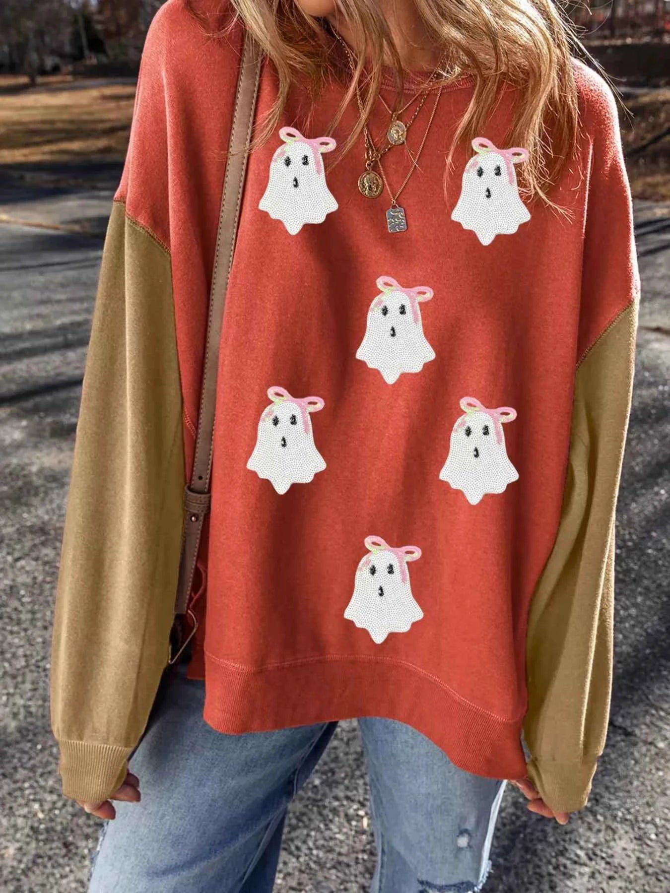Halloween Glitter Ghost Patched Pattern Color Block Sweatshirt Orange 31e3aec5efed45339296d2af31a14cfc-Max-Origin