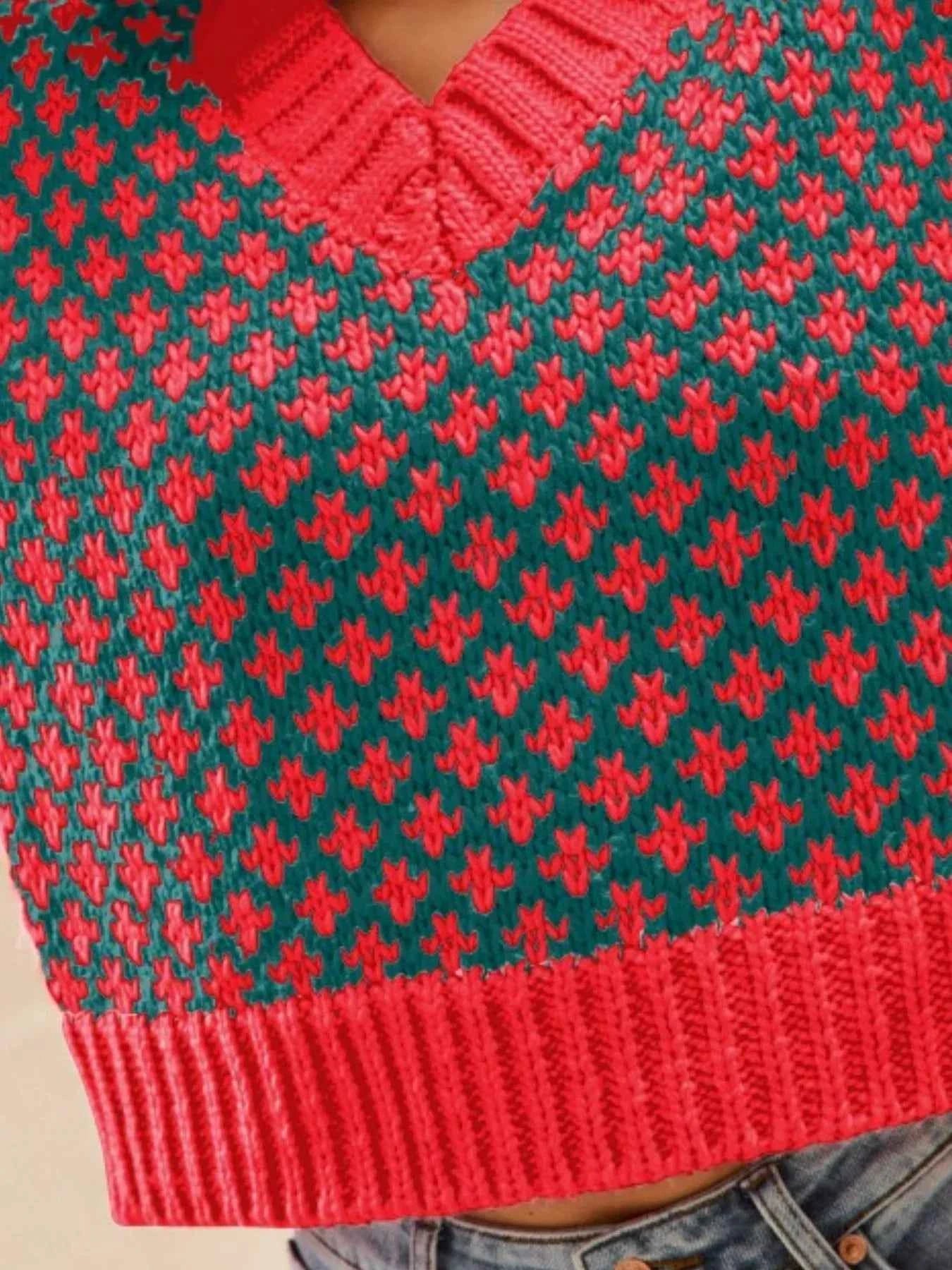 Color Block Textured Christmas Sweater V Neck Top 31ed8f28-0f2f-45cd-9991-37cfcef15144-Max-Origin