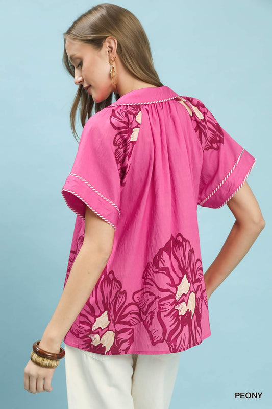 Floral Split-Neck Short Sleeve Top 31eef0e6-27c6-4649-90ae-5869cc072af7-Max