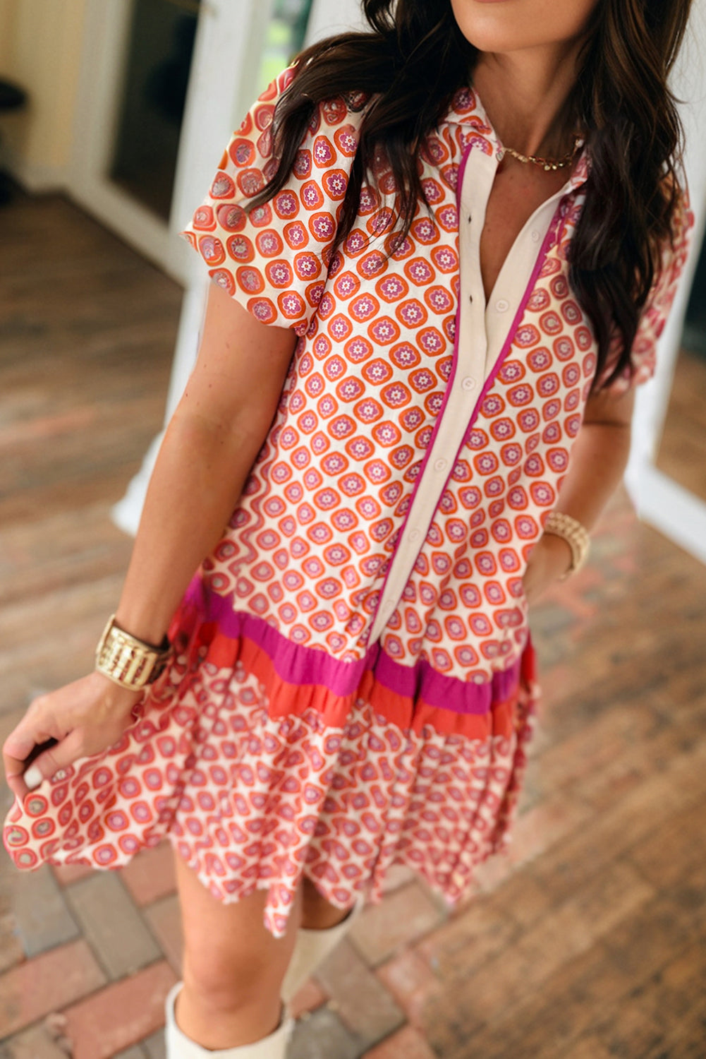 Orange Geometric Floral Print Color Block Trim Button Front Ruffle Hem Dress Orange 100%Polyester 31f52558fc81c637