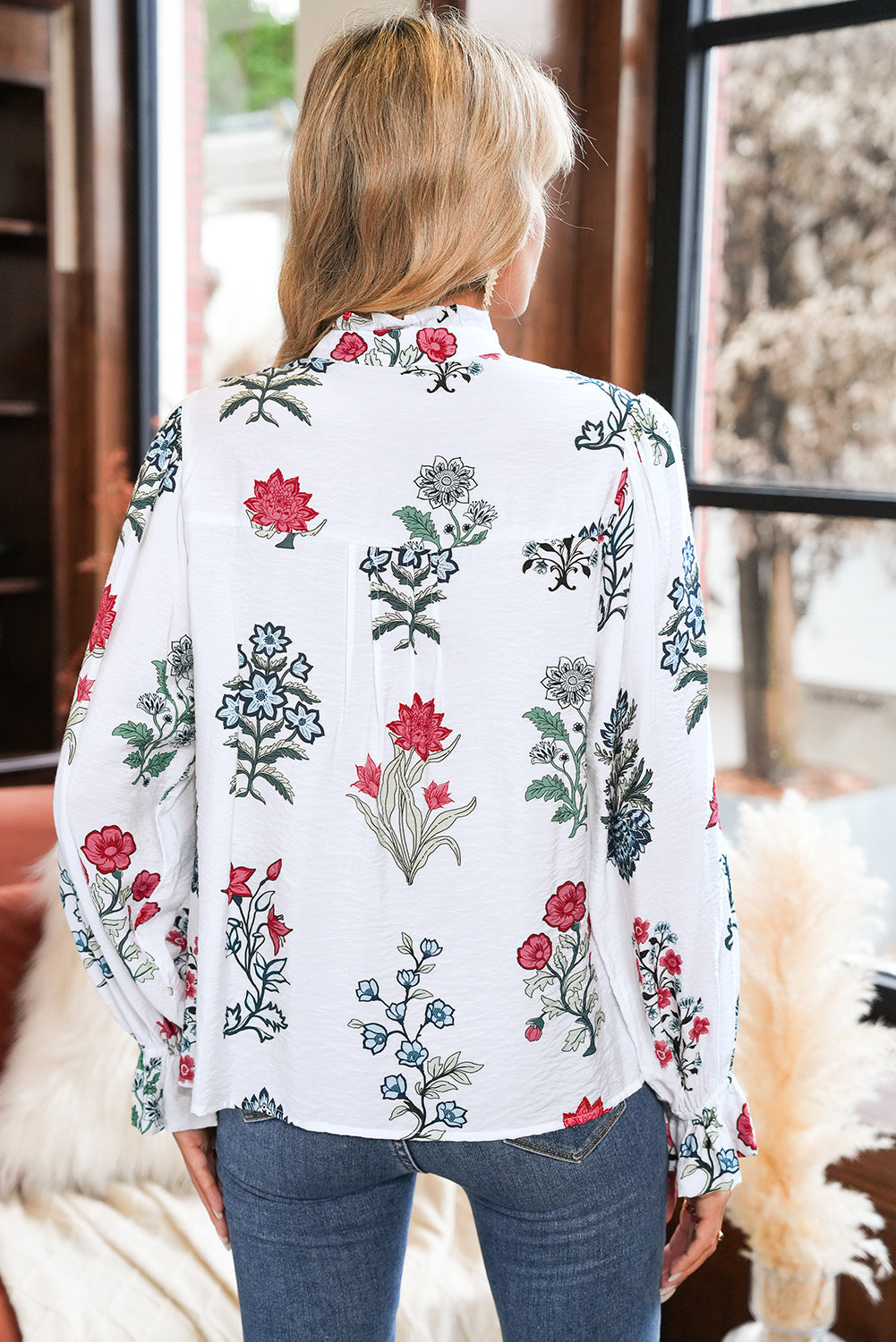 White Floral Print V Neck Loose Drop Sleeve Shirt 31f8a447e42bb72b
