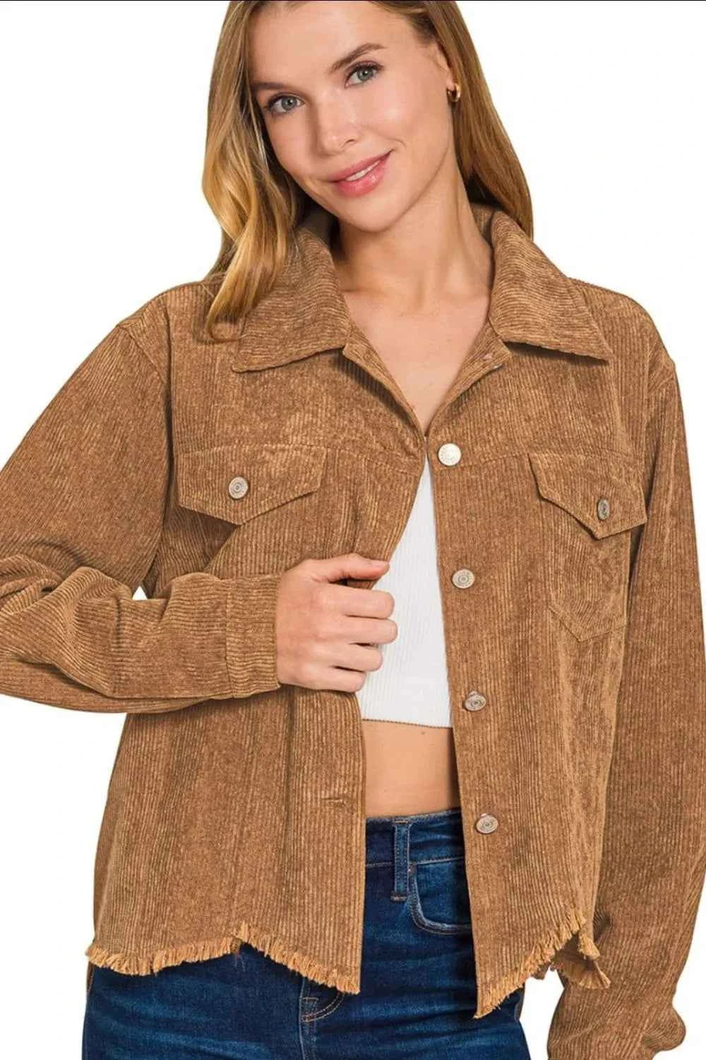Zenana Distressed Corduroy Frayed Hem Cropped Jacket 32020c57-e87b-4d53-b15e-c74541b779e1-Max-Origin