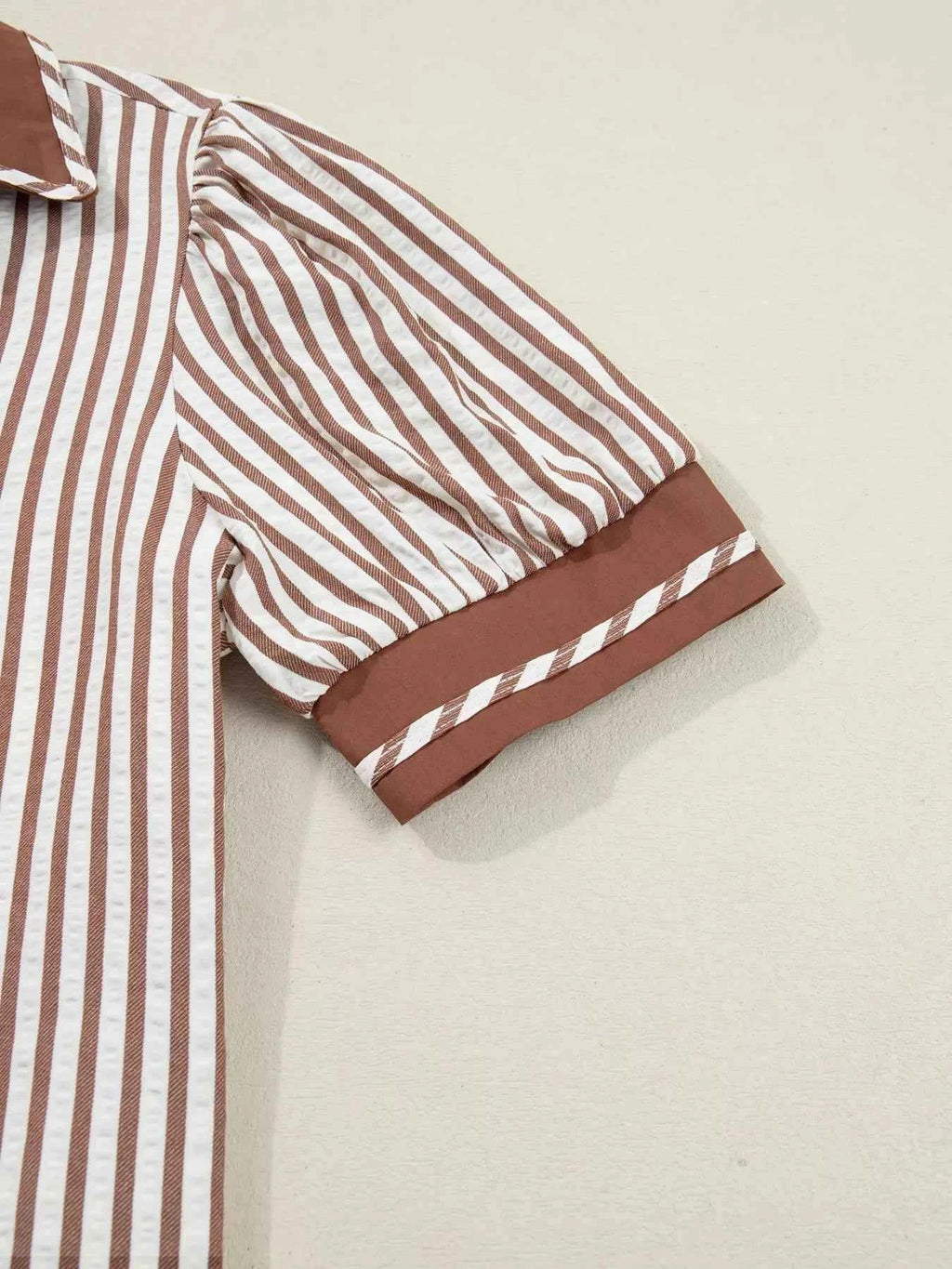 Stripe Collared Split Neck Short Bubble Sleeve Blouse