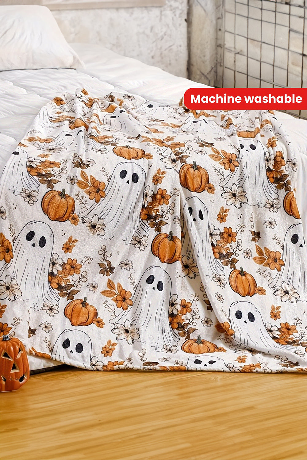 Orange Halloween Ghost Pumpkin Flower Throw Blanket 320f8e55922781f7